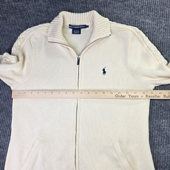 Ralph Lauren Sport Sweater Womens Large Cream Full Zip Cable Knit Cotton Logo - Picture 9 of 13